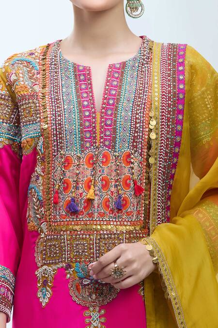 Debyani + CO Pink Silk Embroidery, Zari Round Neck Zardozi Kurta Set at Aza Fashions Debyani + CO_Pink Silk Embroidery, Zari Round Neck Zardozi Kurta Set _at_Aza_Fashions