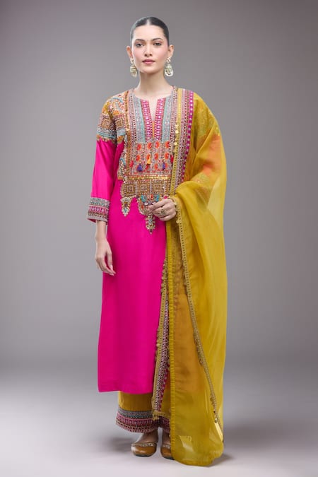 Debyani + Co Pink Silk Embroidery, Zari Round Neck Zardozi Kurta Set 