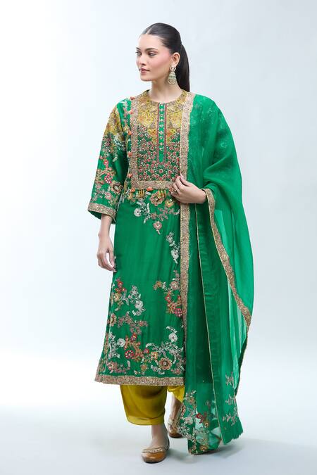 Buy Debyani + CO Green Silk, Organza Embroidery Round Neck Floral Kurta Set Online at Aza Fashions Buy_Debyani + CO_Green Silk, Organza Embroidery Round Neck Floral Kurta Set _Online_at_Aza_Fashions