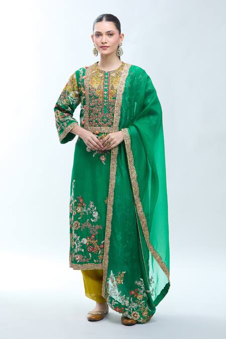 Shop Debyani + CO Green Silk, Organza Embroidery Round Neck Floral Kurta Set Online at Aza Fashions Shop_Debyani + CO_Green Silk, Organza Embroidery Round Neck Floral Kurta Set _Online_at_Aza_Fashions