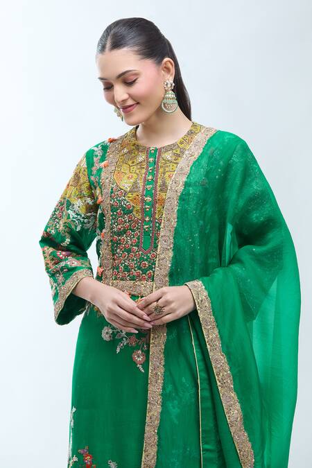 Debyani + CO Green Silk, Organza Embroidery Round Neck Floral Kurta Set at Aza Fashions Debyani + CO_Green Silk, Organza Embroidery Round Neck Floral Kurta Set _at_Aza_Fashions