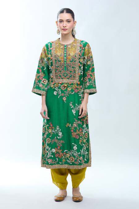 Buy Debyani + CO Green Silk, Organza Embroidery Round Neck Floral Kurta Set Buy_Debyani + CO_Green Silk, Organza Embroidery Round Neck Floral Kurta Set