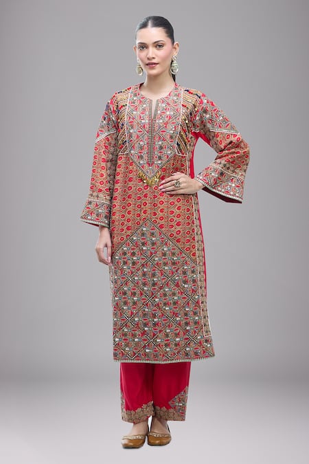 Debyani + Co Multi Color Silk Embroidery Round Neck Floral Stripe Print Kurta And Salwar Set 