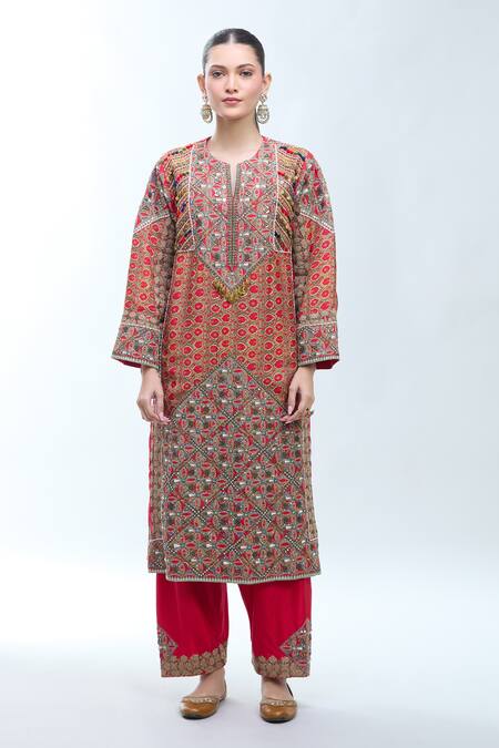 Debyani + CO Multi Color Silk Embroidery Round Neck Floral Stripe Print Kurta And Salwar Set at Aza Fashions Debyani + CO_Multi Color Silk Embroidery Round Neck Floral Stripe Print Kurta And Salwar Set _at_Aza_Fashions