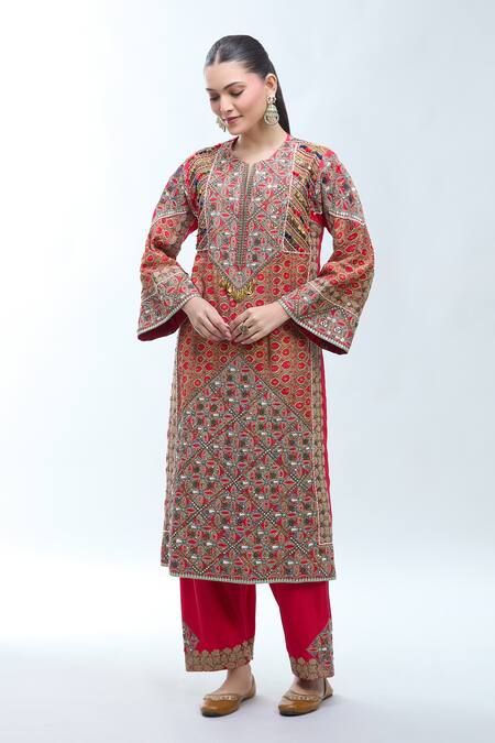 Buy Debyani + CO Multi Color Silk Embroidery Round Neck Floral Stripe Print Kurta And Salwar Set Buy_Debyani + CO_Multi Color Silk Embroidery Round Neck Floral Stripe Print Kurta And Salwar Set