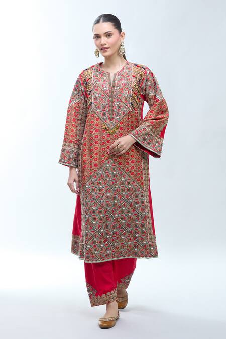 Shop Debyani + CO Multi Color Silk Embroidery Round Neck Floral Stripe Print Kurta And Salwar Set Shop_Debyani + CO_Multi Color Silk Embroidery Round Neck Floral Stripe Print Kurta And Salwar Set