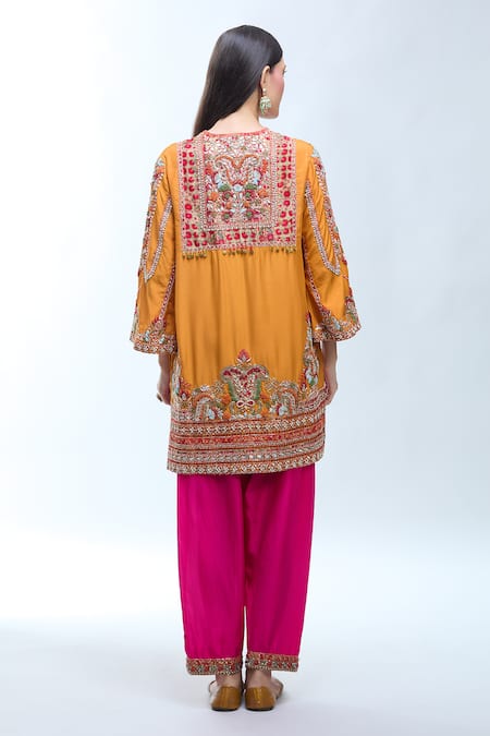 Shop Debyani + CO Orange Silk Embroidery Split V-neck Paisley Kurta Set at Aza Fashions Shop_Debyani + CO_Orange Silk Embroidery Split V-neck Paisley Kurta Set _at_Aza_Fashions