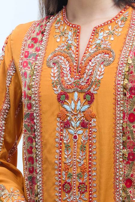 Shop Debyani + CO Orange Silk Embroidery Split V-neck Paisley Kurta Set Online at Aza Fashions Shop_Debyani + CO_Orange Silk Embroidery Split V-neck Paisley Kurta Set _Online_at_Aza_Fashions