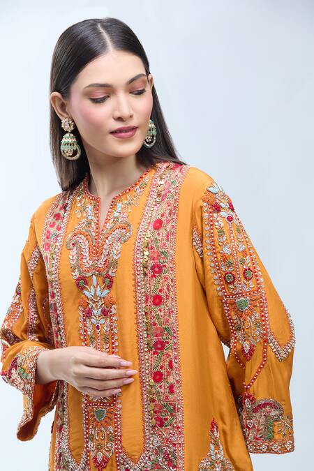 Debyani + CO Orange Silk Embroidery Split V-neck Paisley Kurta Set at Aza Fashions Debyani + CO_Orange Silk Embroidery Split V-neck Paisley Kurta Set _at_Aza_Fashions