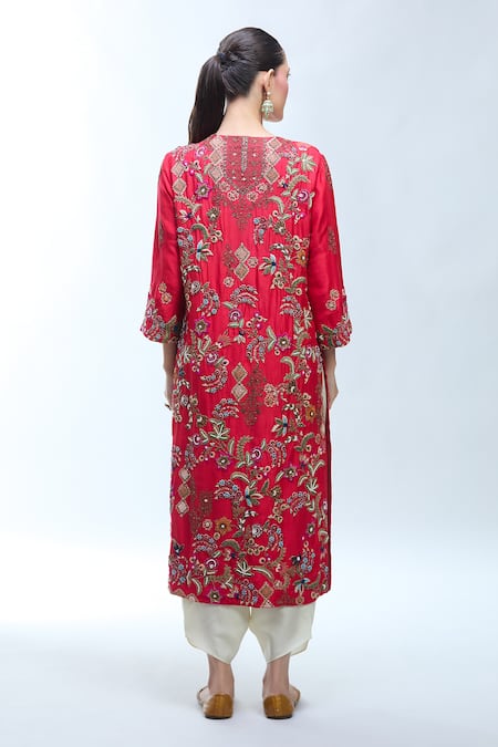 Shop_Debyani + CO_Red Silk Embroidery Round Neck Resham Kurta Set _at_Aza_Fashions