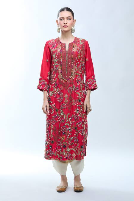 Shop_Debyani + CO_Red Silk Embroidery Round Neck Resham Kurta Set _Online_at_Aza_Fashions