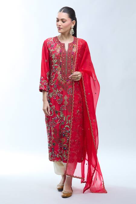 Debyani + CO_Red Silk Embroidery Round Neck Resham Kurta Set _at_Aza_Fashions