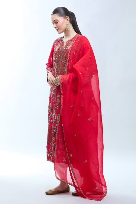 Buy_Debyani + CO_Red Silk Embroidery Round Neck Resham Kurta Set 