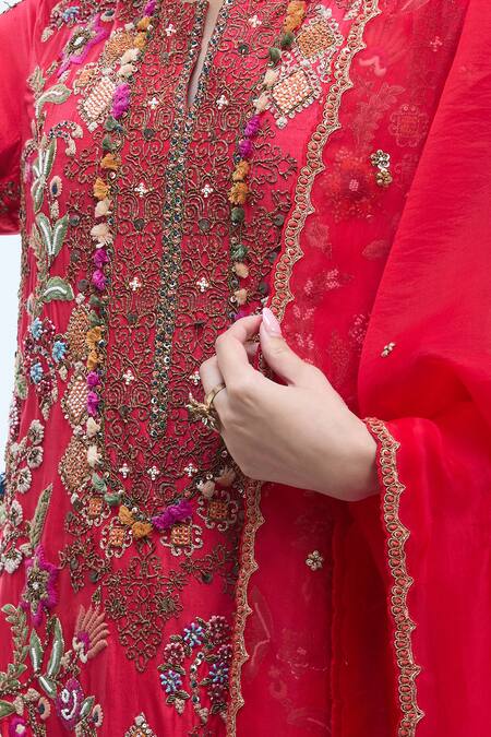 Shop_Debyani + CO_Red Silk Embroidery Round Neck Resham Kurta Set 