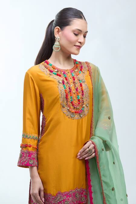 Debyani + CO Mustard Silk, Chiffon Embroidery, Zari, Sequins Round Neck, Thread Kurta Set Online at Aza Fashions Debyani + CO_Mustard Silk, Chiffon Embroidery, Zari, Sequins Round Neck, Thread Kurta Set _Online_at_Aza_Fashions