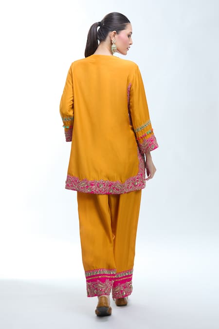 Shop Debyani + CO Mustard Silk, Chiffon Embroidery, Zari, Sequins Round Neck, Thread Kurta Set at Aza Fashions Shop_Debyani + CO_Mustard Silk, Chiffon Embroidery, Zari, Sequins Round Neck, Thread Kurta Set _at_Aza_Fashions