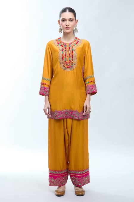 Buy Debyani + CO Mustard Silk, Chiffon Embroidery, Zari, Sequins Round Neck, Thread Kurta Set Online at Aza Fashions Buy_Debyani + CO_Mustard Silk, Chiffon Embroidery, Zari, Sequins Round Neck, Thread Kurta Set _Online_at_Aza_Fashions