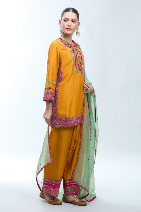 Shop Debyani + CO Mustard Silk, Chiffon Embroidery, Zari, Sequins Round Neck, Thread Kurta Set Online at Aza Fashions Shop_Debyani + CO_Mustard Silk, Chiffon Embroidery, Zari, Sequins Round Neck, Thread Kurta Set _Online_at_Aza_Fashions