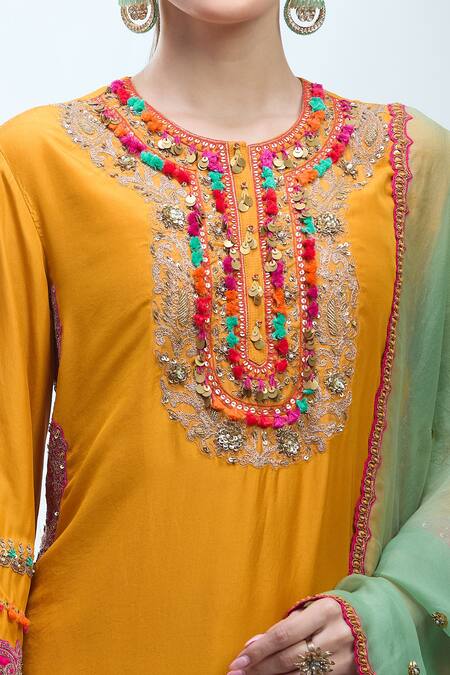 Debyani + CO Mustard Silk, Chiffon Embroidery, Zari, Sequins Round Neck, Thread Kurta Set at Aza Fashions Debyani + CO_Mustard Silk, Chiffon Embroidery, Zari, Sequins Round Neck, Thread Kurta Set _at_Aza_Fashions