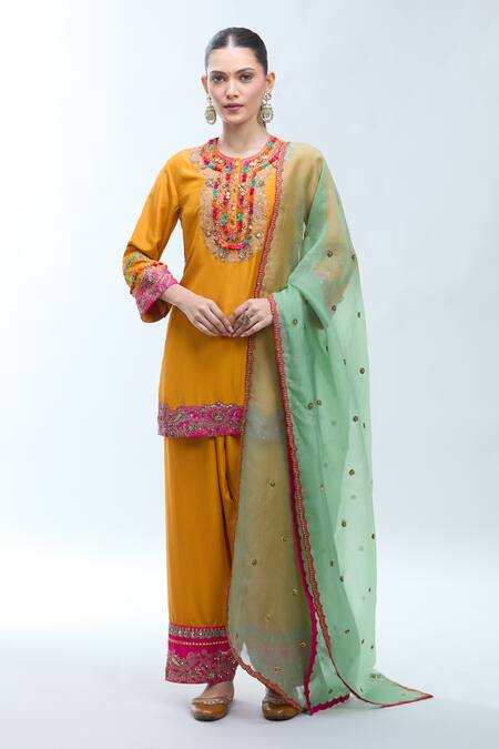 Shop Debyani + CO Mustard Silk, Chiffon Embroidery, Zari, Sequins Round Neck, Thread Kurta Set Shop_Debyani + CO_Mustard Silk, Chiffon Embroidery, Zari, Sequins Round Neck, Thread Kurta Set