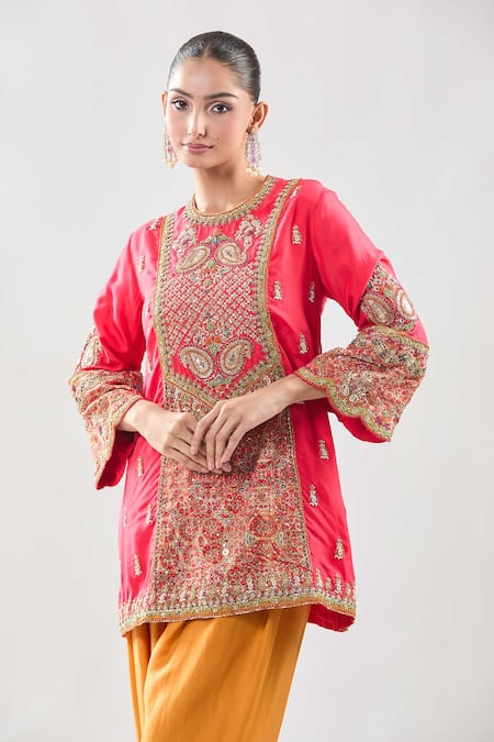 Debyani + CO Pink Silk Zari, Embroidery Round Neck Zardozi Kurta With Salwar Online at Aza Fashions Debyani + CO_Pink Silk Zari, Embroidery Round Neck Zardozi Kurta With Salwar _Online_at_Aza_Fashions