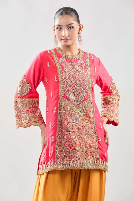 Buy Debyani + CO Pink Silk Zari, Embroidery Round Neck Zardozi Kurta With Salwar Online at Aza Fashions Buy_Debyani + CO_Pink Silk Zari, Embroidery Round Neck Zardozi Kurta With Salwar _Online_at_Aza_Fashions