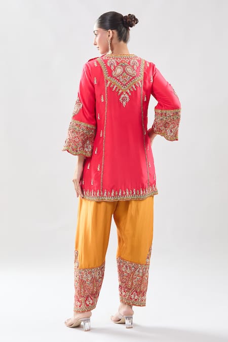 Shop Debyani + CO Pink Silk Zari, Embroidery Round Neck Zardozi Kurta With Salwar at Aza Fashions Shop_Debyani + CO_Pink Silk Zari, Embroidery Round Neck Zardozi Kurta With Salwar _at_Aza_Fashions