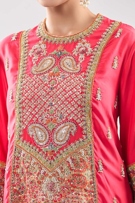 Debyani + CO Pink Silk Zari, Embroidery Round Neck Zardozi Kurta With Salwar at Aza Fashions Debyani + CO_Pink Silk Zari, Embroidery Round Neck Zardozi Kurta With Salwar _at_Aza_Fashions