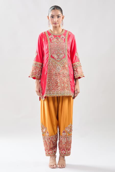 Shop Debyani + CO Pink Silk Zari, Embroidery Round Neck Zardozi Kurta With Salwar Shop_Debyani + CO_Pink Silk Zari, Embroidery Round Neck Zardozi Kurta With Salwar