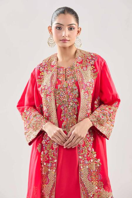 Debyani + CO Red Silk Embroidery Round Neck Resham Meena Cape Pant Set Online at Aza Fashions Debyani + CO_Red Silk Embroidery Round Neck Resham Meena Cape Pant Set _Online_at_Aza_Fashions