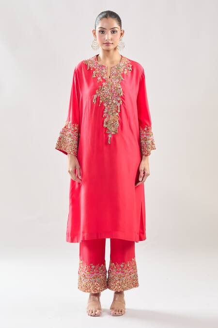Shop Debyani + CO Red Silk Embroidery Round Neck Resham Meena Cape Pant Set Online at Aza Fashions Shop_Debyani + CO_Red Silk Embroidery Round Neck Resham Meena Cape Pant Set _Online_at_Aza_Fashions
