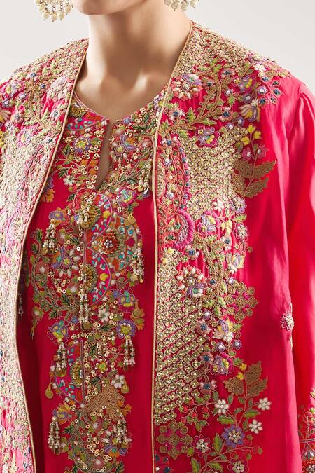 Debyani + CO Red Silk Embroidery Round Neck Resham Meena Cape Pant Set at Aza Fashions Debyani + CO_Red Silk Embroidery Round Neck Resham Meena Cape Pant Set _at_Aza_Fashions