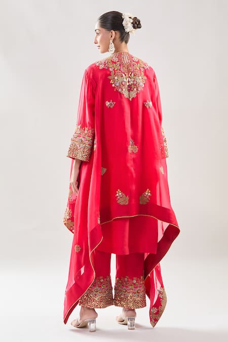 Shop Debyani + CO Red Silk Embroidery Round Neck Resham Meena Cape Pant Set at Aza Fashions Shop_Debyani + CO_Red Silk Embroidery Round Neck Resham Meena Cape Pant Set _at_Aza_Fashions