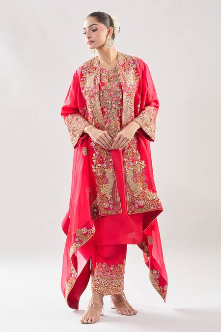 Buy Debyani + CO Red Silk Embroidery Round Neck Resham Meena Cape Pant Set Buy_Debyani + CO_Red Silk Embroidery Round Neck Resham Meena Cape Pant Set