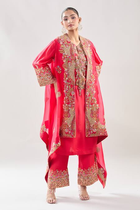 Shop Debyani + CO Red Silk Embroidery Round Neck Resham Meena Cape Pant Set Shop_Debyani + CO_Red Silk Embroidery Round Neck Resham Meena Cape Pant Set