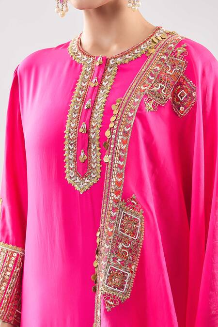 Shop Debyani + CO Pink Silk Beads, Embroidery Round Neck Kurta Pant Set Online at Aza Fashions Shop_Debyani + CO_Pink Silk Beads, Embroidery Round Neck Kurta Pant Set _Online_at_Aza_Fashions