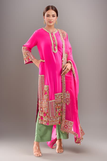 Debyani + Co Pink Silk Beads, Embroidery Round Neck Kurta Pant Set 