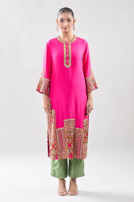 Debyani + CO Pink Silk Beads, Embroidery Round Neck Kurta Pant Set at Aza Fashions Debyani + CO_Pink Silk Beads, Embroidery Round Neck Kurta Pant Set _at_Aza_Fashions