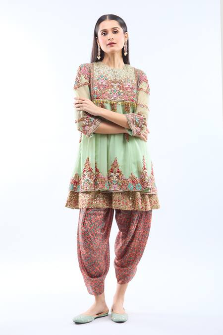 Debyani + CO Pink Silk Embroidery Round Neck Pista Green Anarkali Set Online at Aza Fashions Debyani + CO_Pink Silk Embroidery Round Neck Pista Green Anarkali Set _Online_at_Aza_Fashions