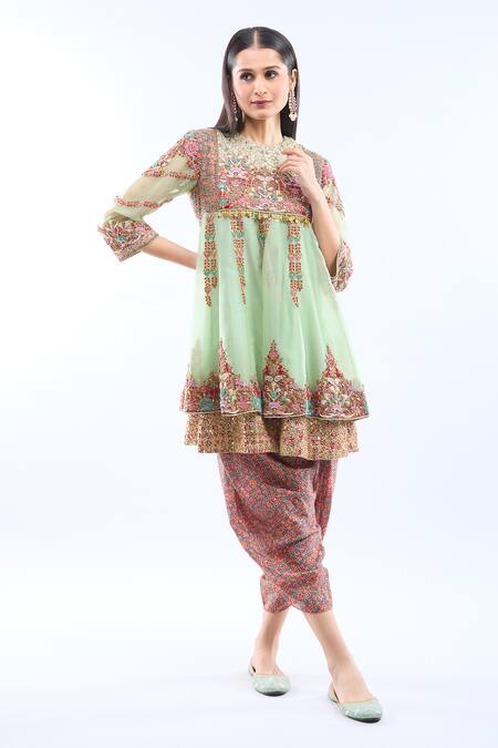 Shop Debyani + CO Pink Silk Embroidery Round Neck Pista Green Anarkali Set Online at Aza Fashions Shop_Debyani + CO_Pink Silk Embroidery Round Neck Pista Green Anarkali Set _Online_at_Aza_Fashions