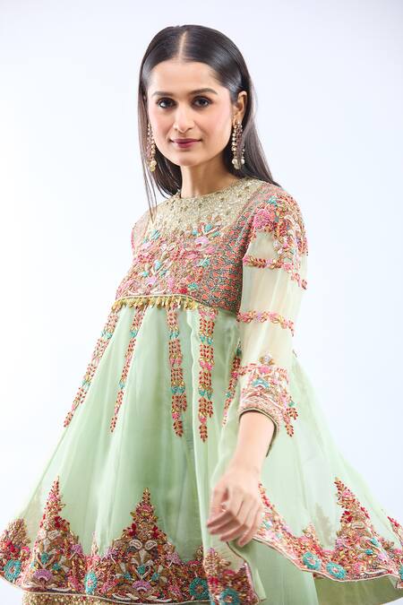 Debyani + CO Pink Silk Embroidery Round Neck Pista Green Anarkali Set at Aza Fashions Debyani + CO_Pink Silk Embroidery Round Neck Pista Green Anarkali Set _at_Aza_Fashions