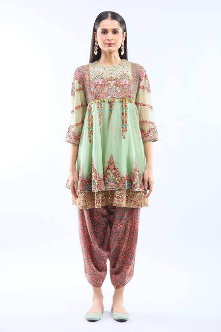 Buy Debyani + CO Pink Silk Embroidery Round Neck Pista Green Anarkali Set Buy_Debyani + CO_Pink Silk Embroidery Round Neck Pista Green Anarkali Set