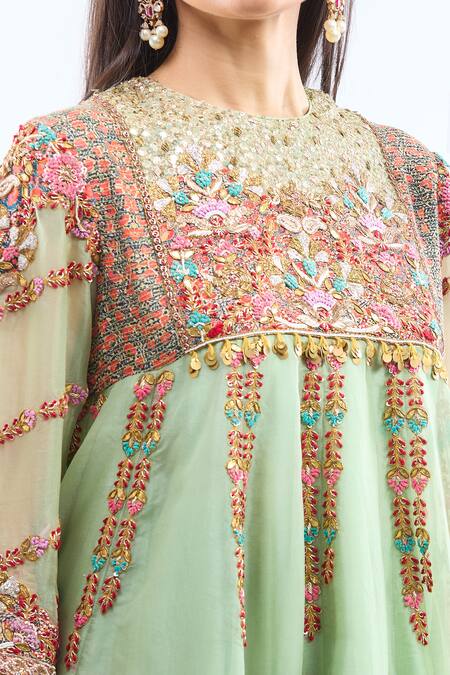 Shop Debyani + CO Pink Silk Embroidery Round Neck Pista Green Anarkali Set Shop_Debyani + CO_Pink Silk Embroidery Round Neck Pista Green Anarkali Set