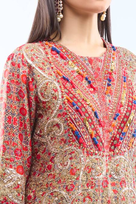 Shop Debyani + CO Multi Color Silk Embroidery Round Neck Kurta Set Online at Aza Fashions Shop_Debyani + CO_Multi Color Silk Embroidery Round Neck Kurta Set _Online_at_Aza_Fashions