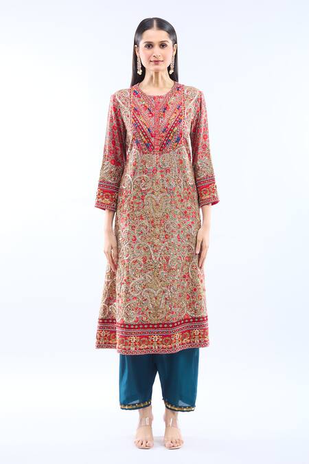Debyani + CO Multi Color Silk Embroidery Round Neck Kurta Set at Aza Fashions Debyani + CO_Multi Color Silk Embroidery Round Neck Kurta Set _at_Aza_Fashions