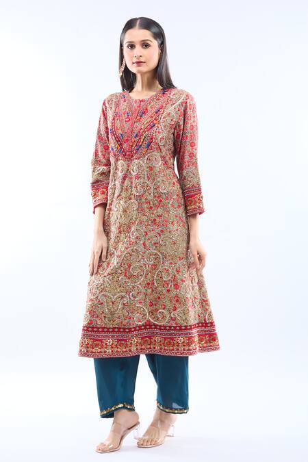 Buy Debyani + CO Multi Color Silk Embroidery Round Neck Kurta Set Buy_Debyani + CO_Multi Color Silk Embroidery Round Neck Kurta Set