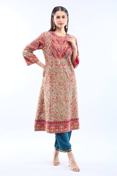 Shop Debyani + CO Multi Color Silk Embroidery Round Neck Kurta Set Shop_Debyani + CO_Multi Color Silk Embroidery Round Neck Kurta Set