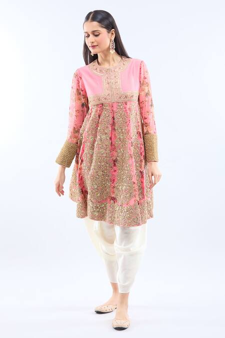 Debyani + CO Blush Silk Embroidery Round Neck Pink Anarkali Set Online at Aza Fashions Debyani + CO_Blush Silk Embroidery Round Neck Pink Anarkali Set _Online_at_Aza_Fashions