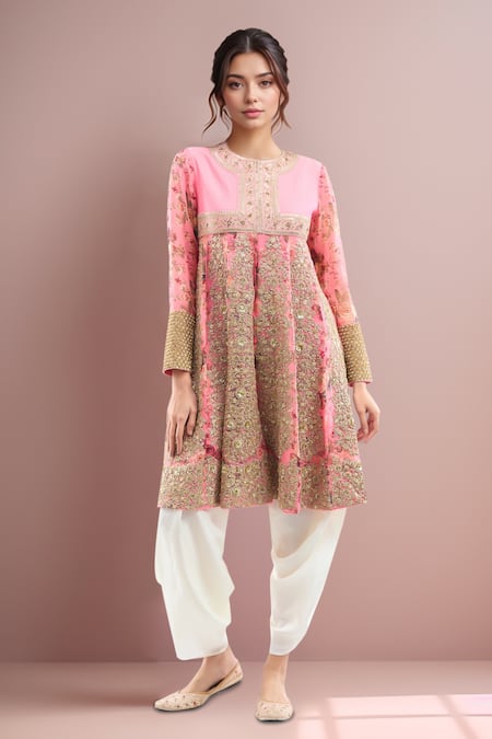 Debyani + Co Blush Silk Embroidery Round Neck Pink Anarkali Set 
