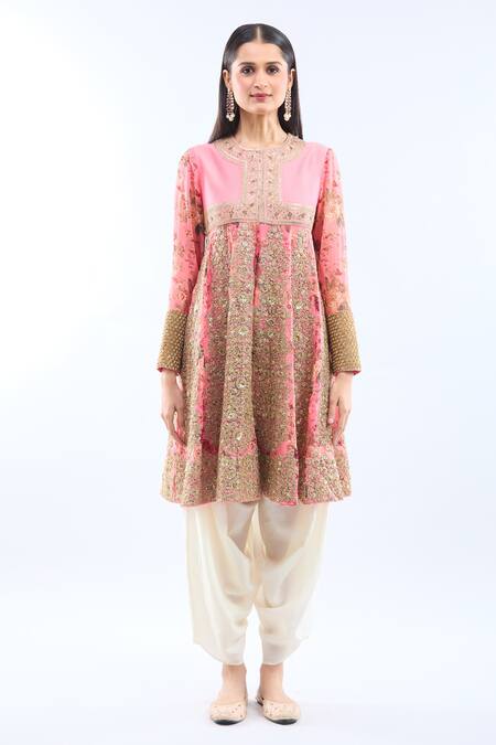 Debyani + CO Blush Silk Embroidery Round Neck Pink Anarkali Set at Aza Fashions Debyani + CO_Blush Silk Embroidery Round Neck Pink Anarkali Set _at_Aza_Fashions
